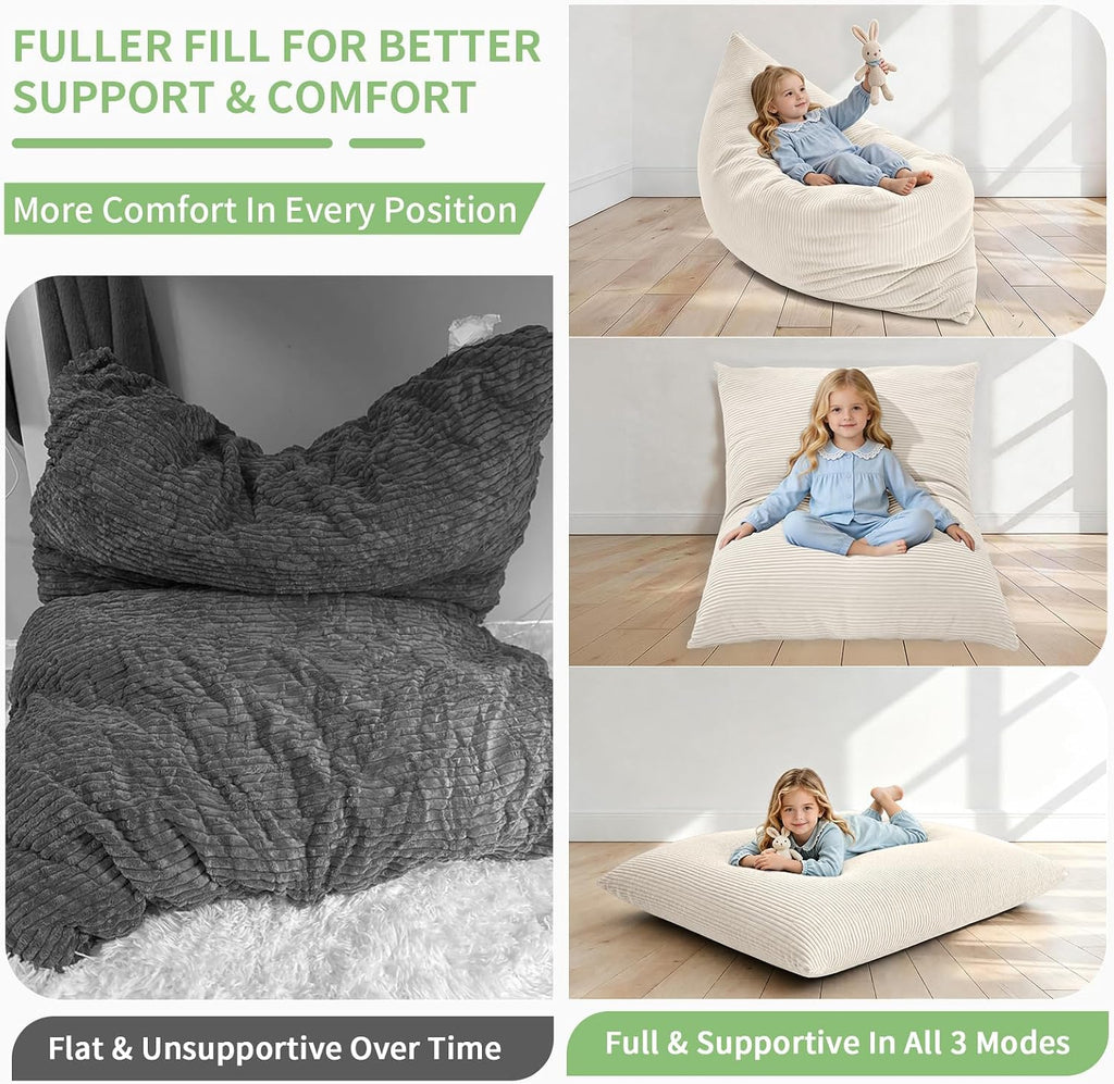 3-in-1 Kids Bean Bag Chair, Convertible Floor Cushion | Odor-Free Shredded Foam Resists Clumping, Removable Corduroy Cover, Cozy Lounge Seating for Bedrooms, Playrooms, Classrooms