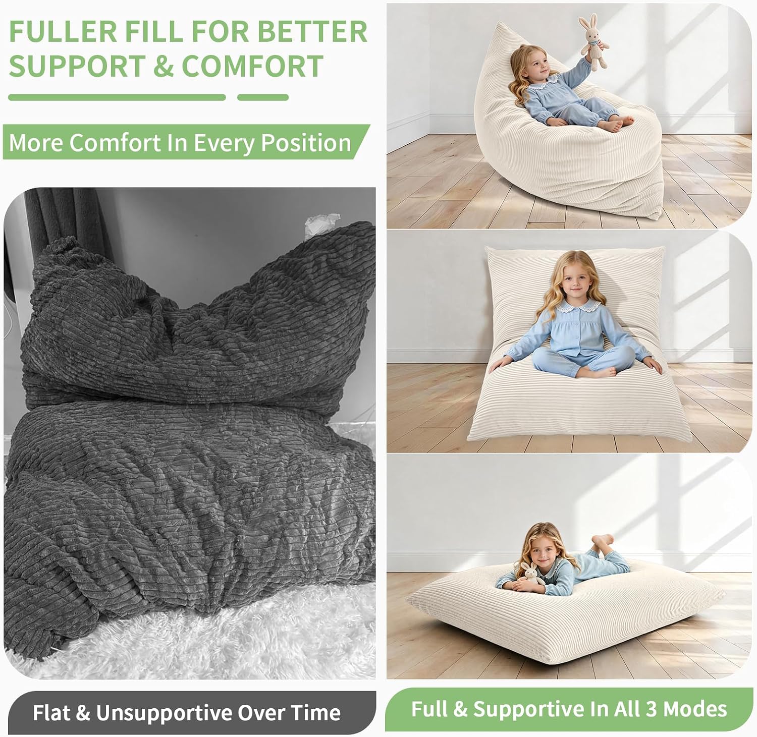 3-in-1 Kids Bean Bag Chair, Convertible Floor Cushion | Odor-Free Shredded Foam Resists Clumping, Removable Corduroy Cover, Cozy Lounge Seating for Bedrooms, Playrooms, Classrooms