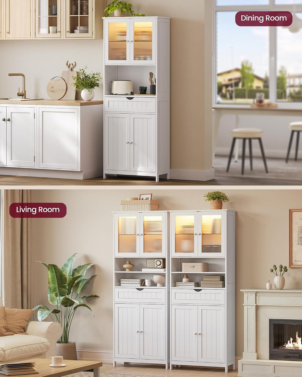 VASAGLE Storage Cabinet with LED Lights, Freestanding Storage Unit with Adjus...