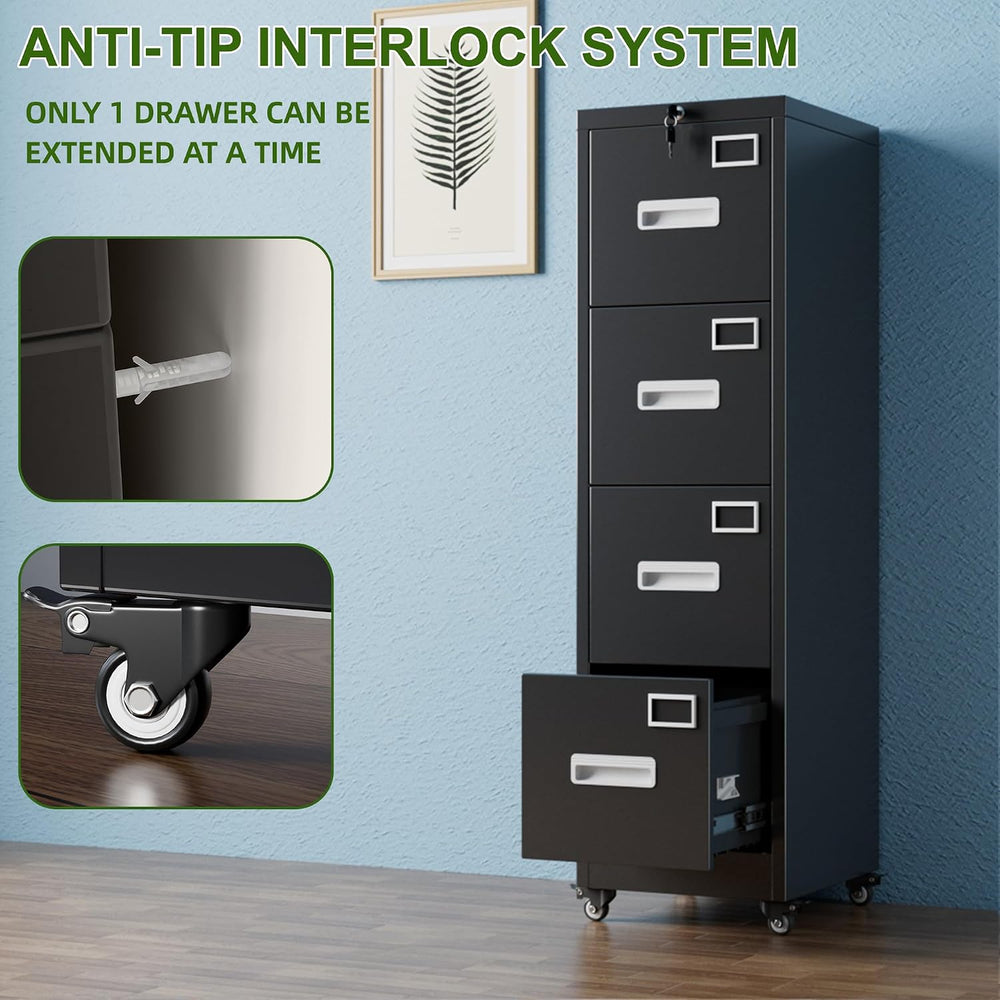 Reemoon Metal 4 Drawer File Cabinet with Lock and Wheels, Black | 17.72"...