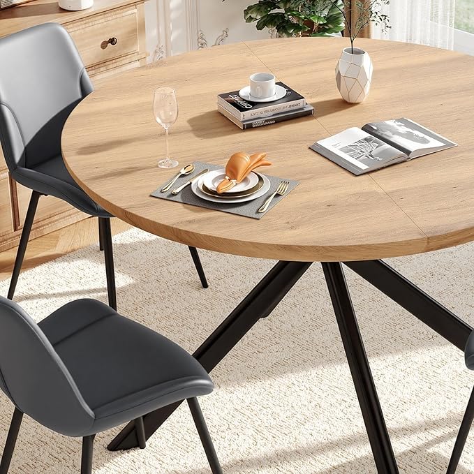 47.2" 5-Piece Round Dining Table Set for 4, Modern Wood Dining Table with 4 Upholstered Chairs, Kitchen & Dining Room Table Set with Metal Base for Apartment, Small Space, Natural Table+4 Grey Chairs