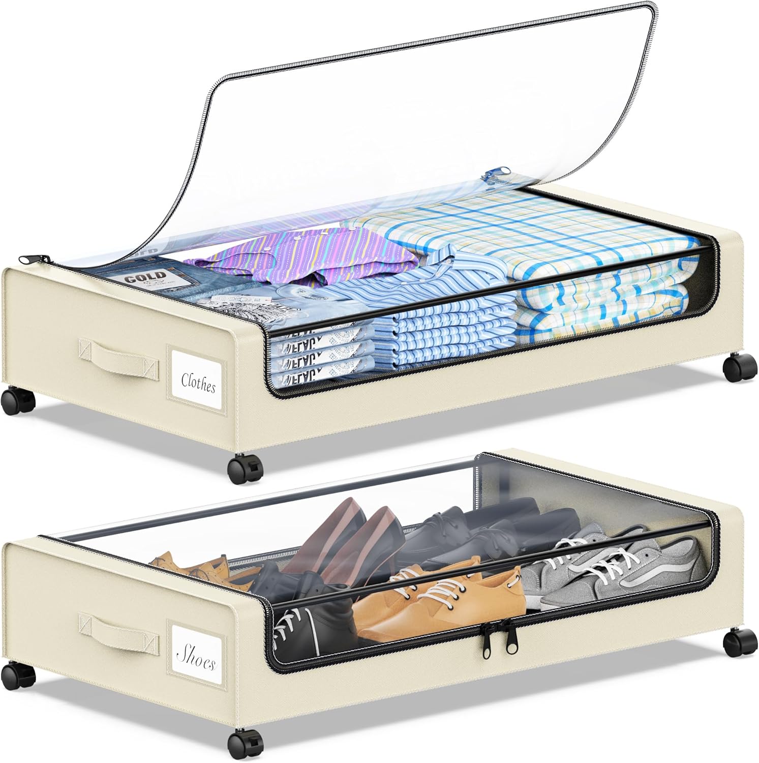 Under Bed Storage with Wheels, Under the Bed Storage Containers with Clear Lids & Label, Underbed Storage Bins, XXL 60L Rolling Metal Drawer for Clothes, Shoes, Toys, Books (Beige)