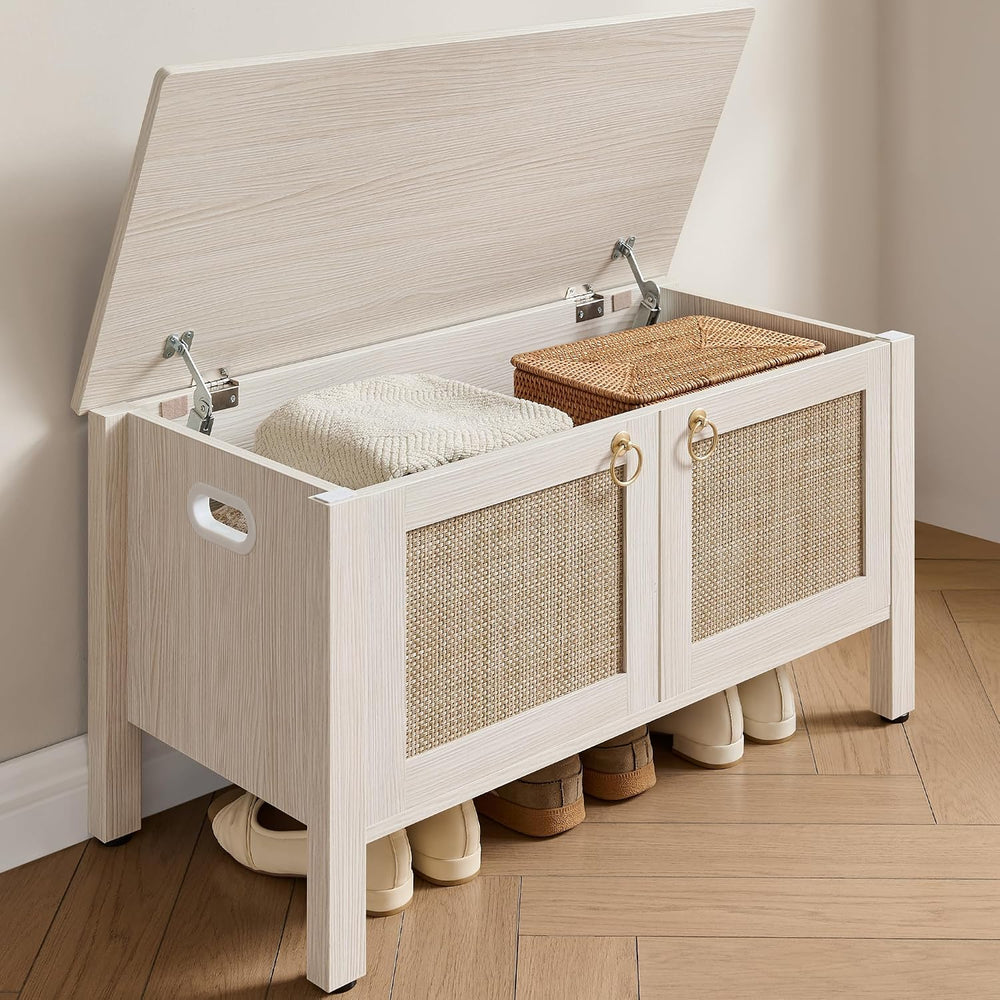SICOTAS Rattan Shoe Rack Bench with Lift Top Storage: White Farmhouse Boho Sh...
