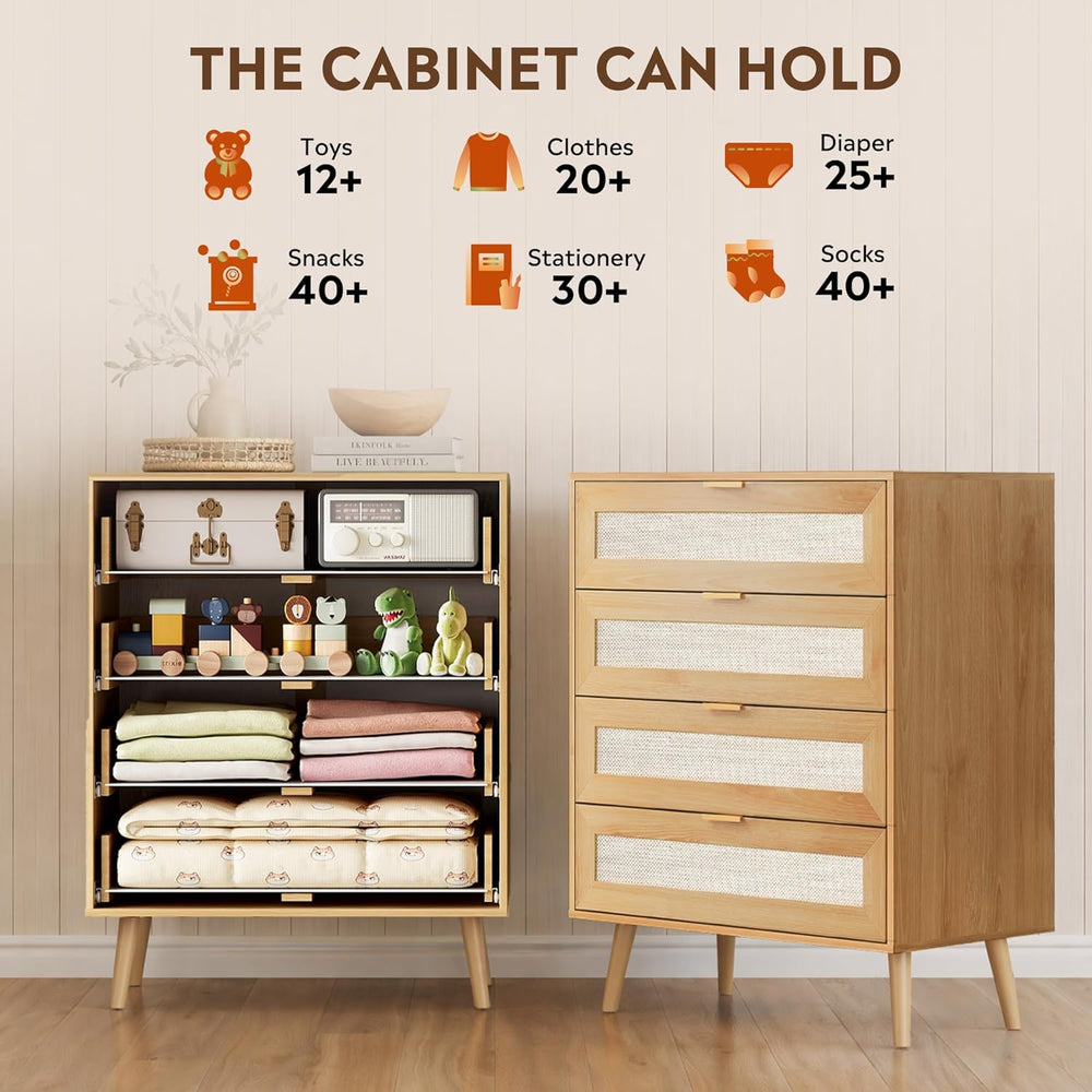 Rattan TV Stand, 4-Drawer Wooden Boho Media Console with Gold Metal Handles, ...