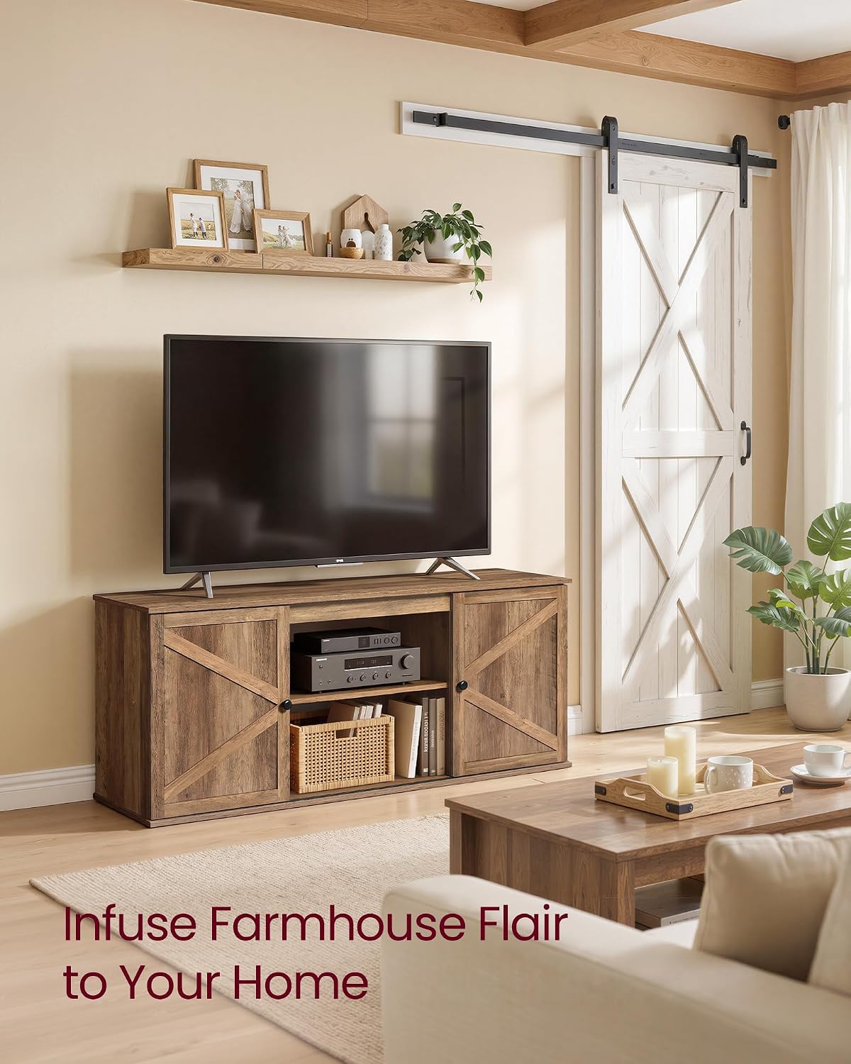 VASAGLE Farmhouse TV Stand for TVs up to 65 Inches, Entertainment Center with Storage Cabinets and Sliding Barn Doors, Media Console Table for Living Room, Honey Brown ULTV535K101