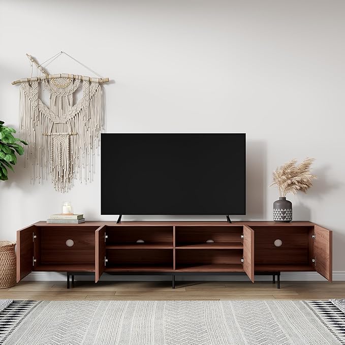 Mid Century Modern TV Stand – 86.6" Walnut Console for 65–85 Inch TVs, 4 Cabinet Doors with 6 Storage Compartments & Cable Management, Stylish Living Room Media Center(Walnut, 86.6")