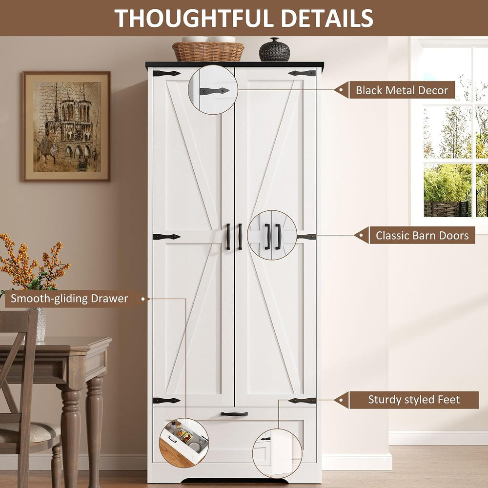 Vongrasig Kitchen Pantry Storage Cabinet with Barn Doors, Drawer and Adjustab...