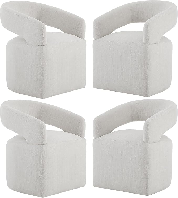 Upholstered Dining Chairs with Casters, Modern Barrel Side Armchair with Rollers for Dining Room, Bedroom, Kitchen, Reading Room, Linen, Set of 4