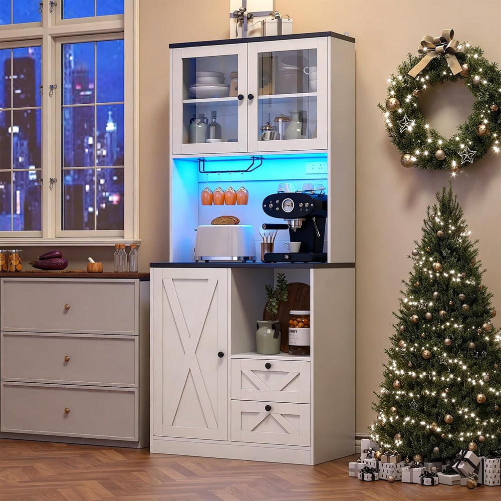 71" Tall Coffee Bar Cabinet with Storage Hutch, Farmhouse Kitchen Pantry...