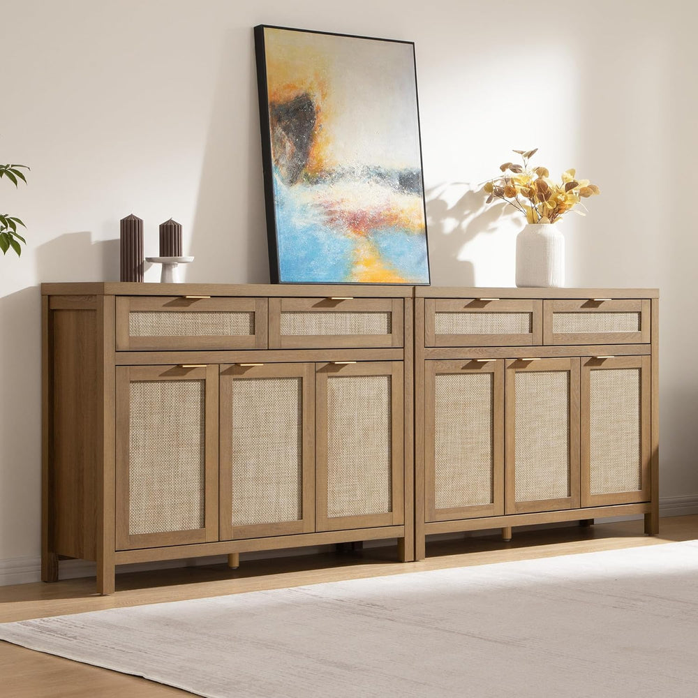 SICOTAS Rattan Sideboard Buffet Cabinet with Storage, Boho Credenza Accent Ca...