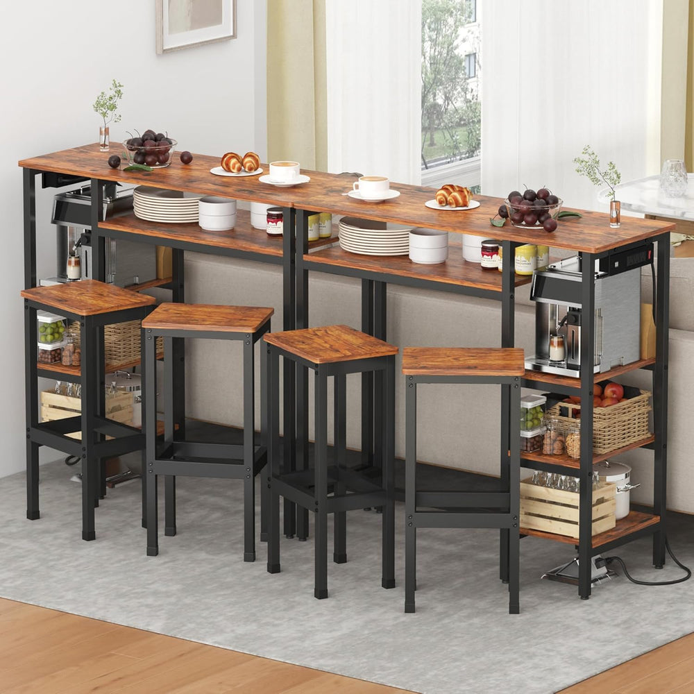 3-Piece Bar Table and Chairs Set,Counter Height Bar Table Set with Power Outl...