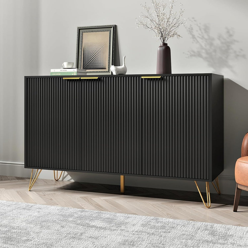 Storage Cabinet with 3 Doors, Metal Legs and Adjustable Shelf, Black丨Sideboar...
