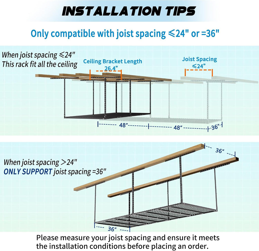 Overhead Garage Storage Rack, 3x8 FT Heavy-Duty & Height-Adjustable Design,600LB Rated for Home and Workshop Organization
