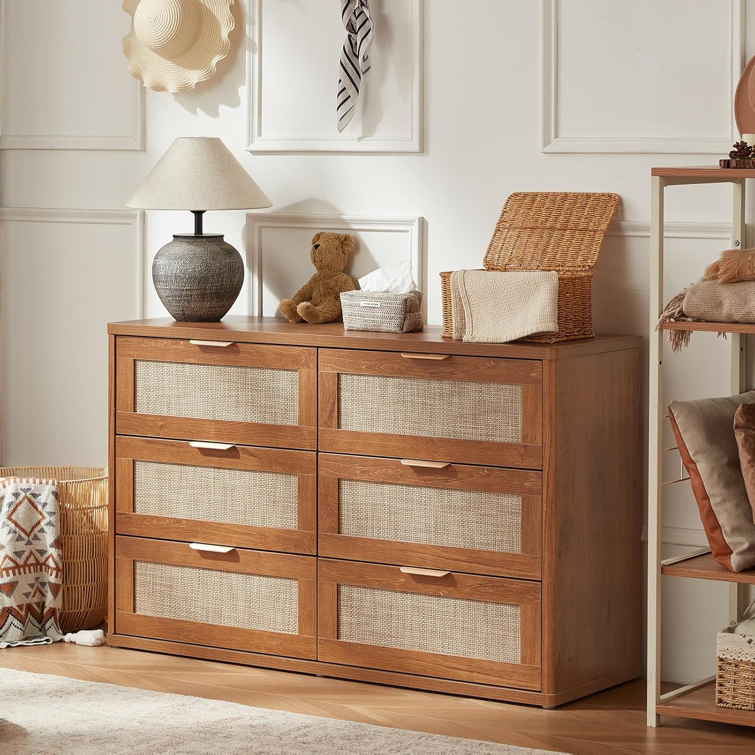 LEYAOYAO Rattan 6 Drawer Dresser for Bedroom, 48" Wide Boho Chest of Drawers, Wooden Dressers TV Stand with Metal Handle, Storage Closet Organizer for Living Room, Hallway, Tea Brown