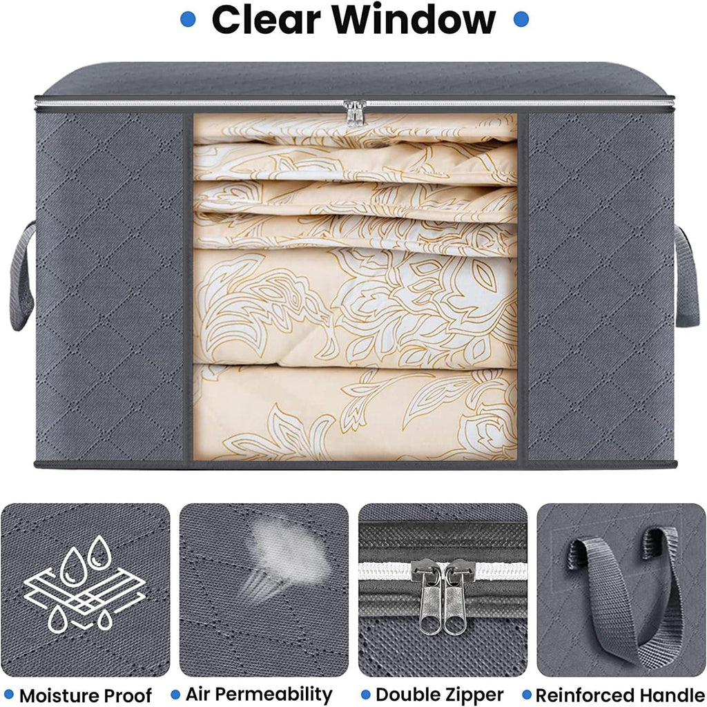Large Clothes Storage Bags 6 Pack, Foldable Closet Organizers with Durable Breathable Fabric & Clear Window for Blankets, Comforters, Pillows, Bed Sheets, Toys & Seasonal Clothing (Gray)