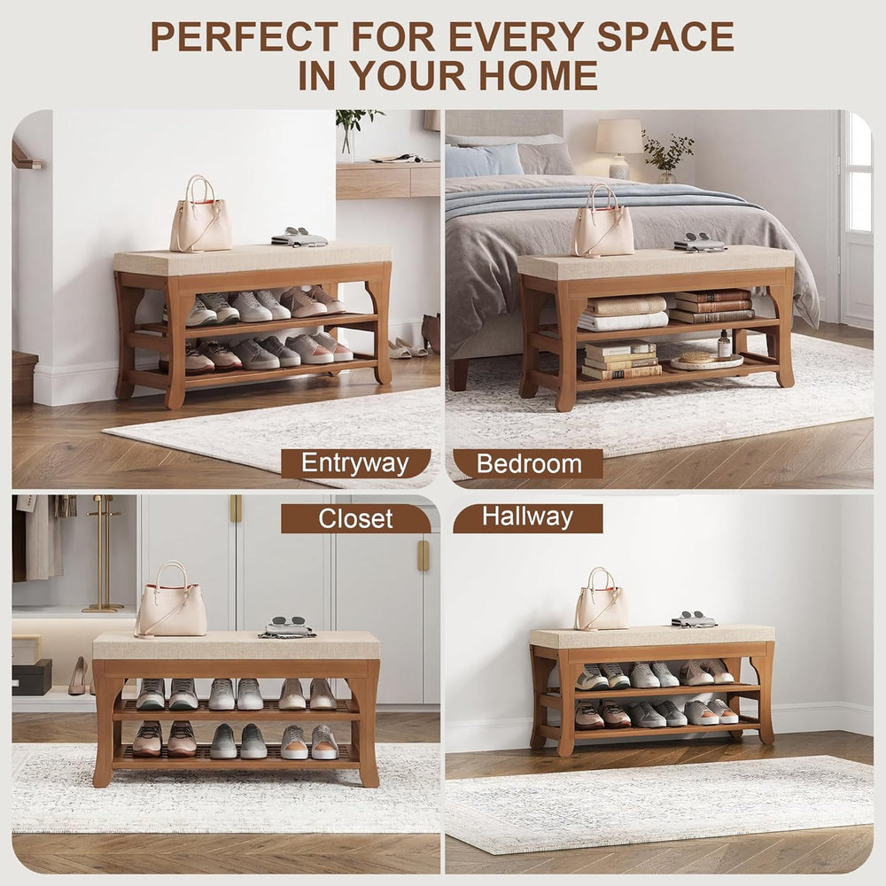 PETKABOO 27.6" Shoe Storage Bench with Cushion, Bamboo Shoe Rack Bench, ...