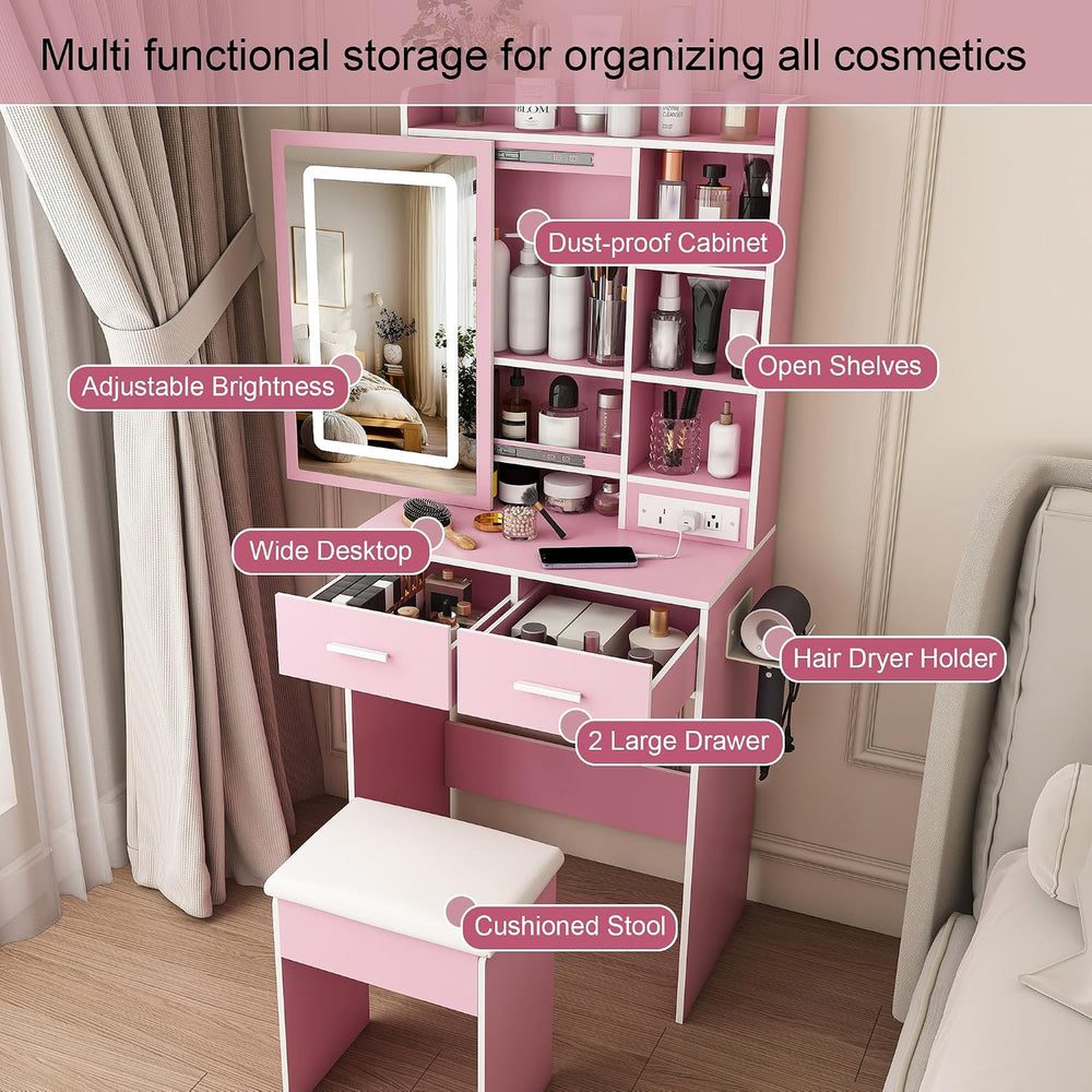 Small Vanity Desk Set with Mirror and Adjustable LED Lights, Compact Pink Dre...