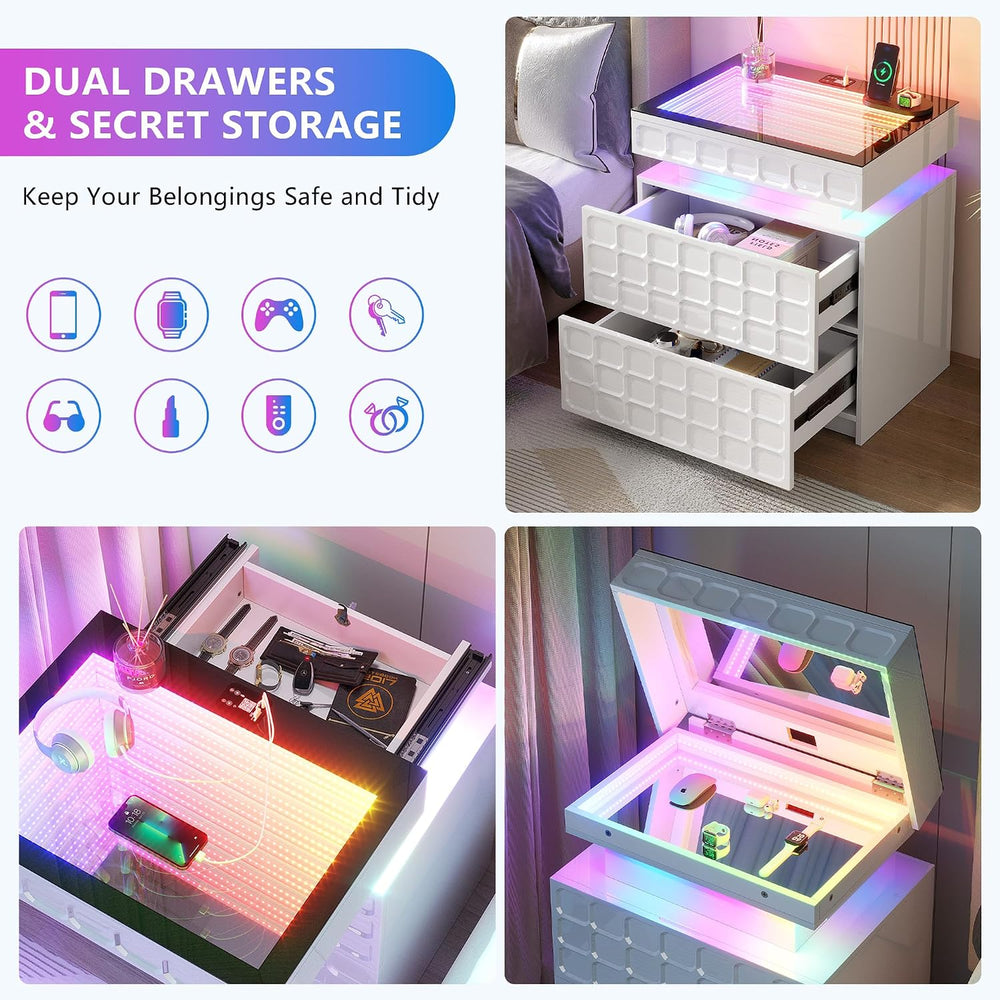 Vlsrka RGB Nightstand with Glass Top,Smart Night Stand with Charging, White |...