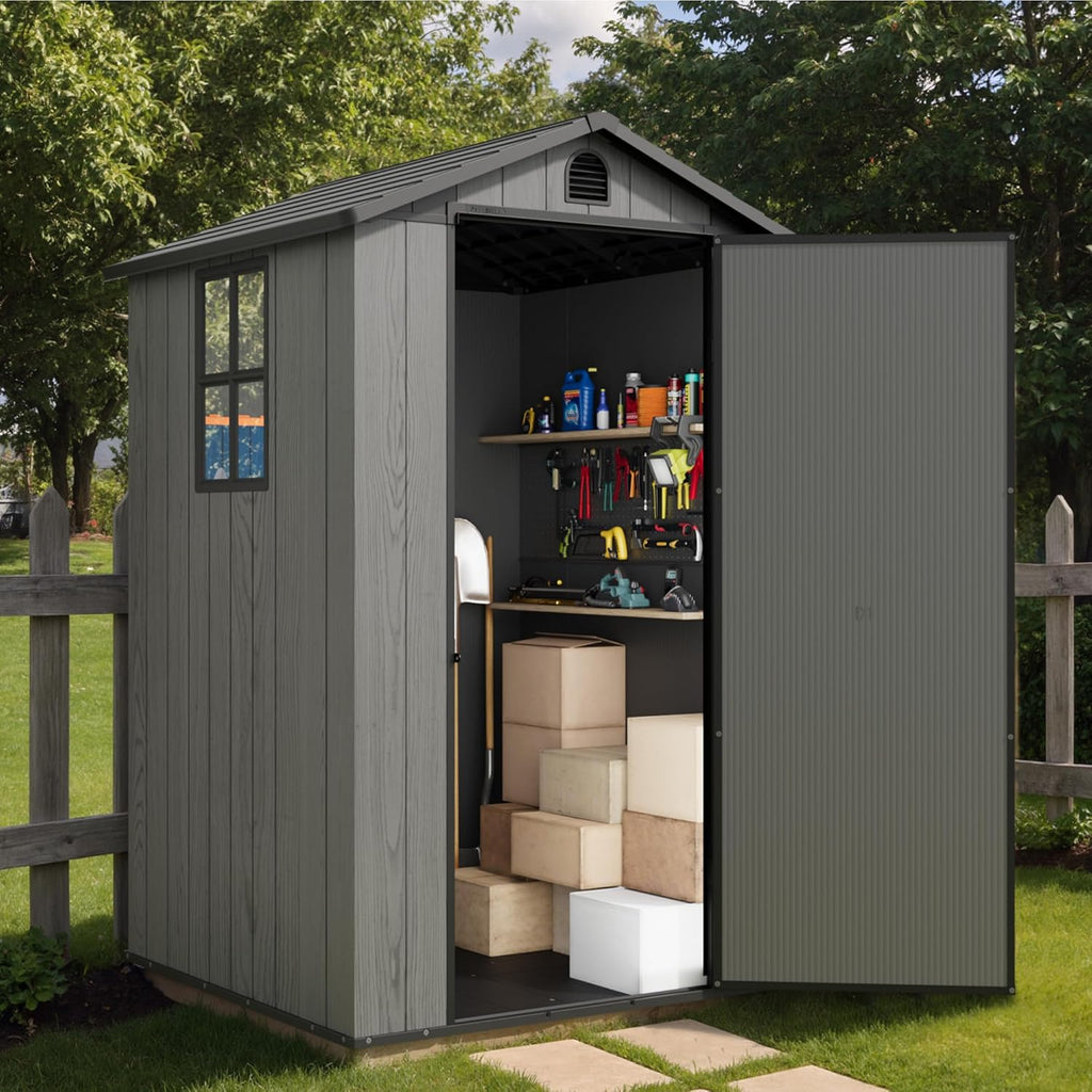 Greesum 4x4FT Plastic Outdoor Storage Shed with Floor, Resin Storaged Sheds with Lockable Door, All Weather Durable Tool Shed with Window and Vent, for Garden, Backyard, Patio, Dark Gray