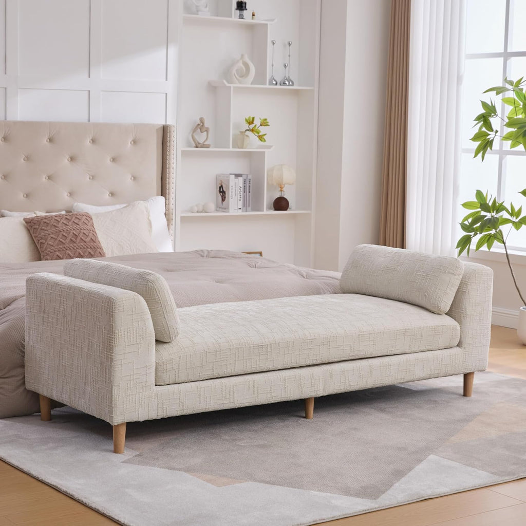 Aoiy & Wifon 83.1" W End of Bed Bench King Size, Oversized Window Bench Seat with Pillows & Rubberwood Legs for Bedroom/Living Room/Apartment, Polyester, Beige