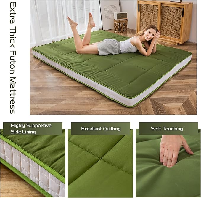 MAXYOYO Futon Mattress, Padded Japanese Floor Mattress Quilted Bed Mattress Topper, Extra Thick Folding Sleeping Pad Breathable Floor Lounger Guest Bed for Camping Couch, Green, Full