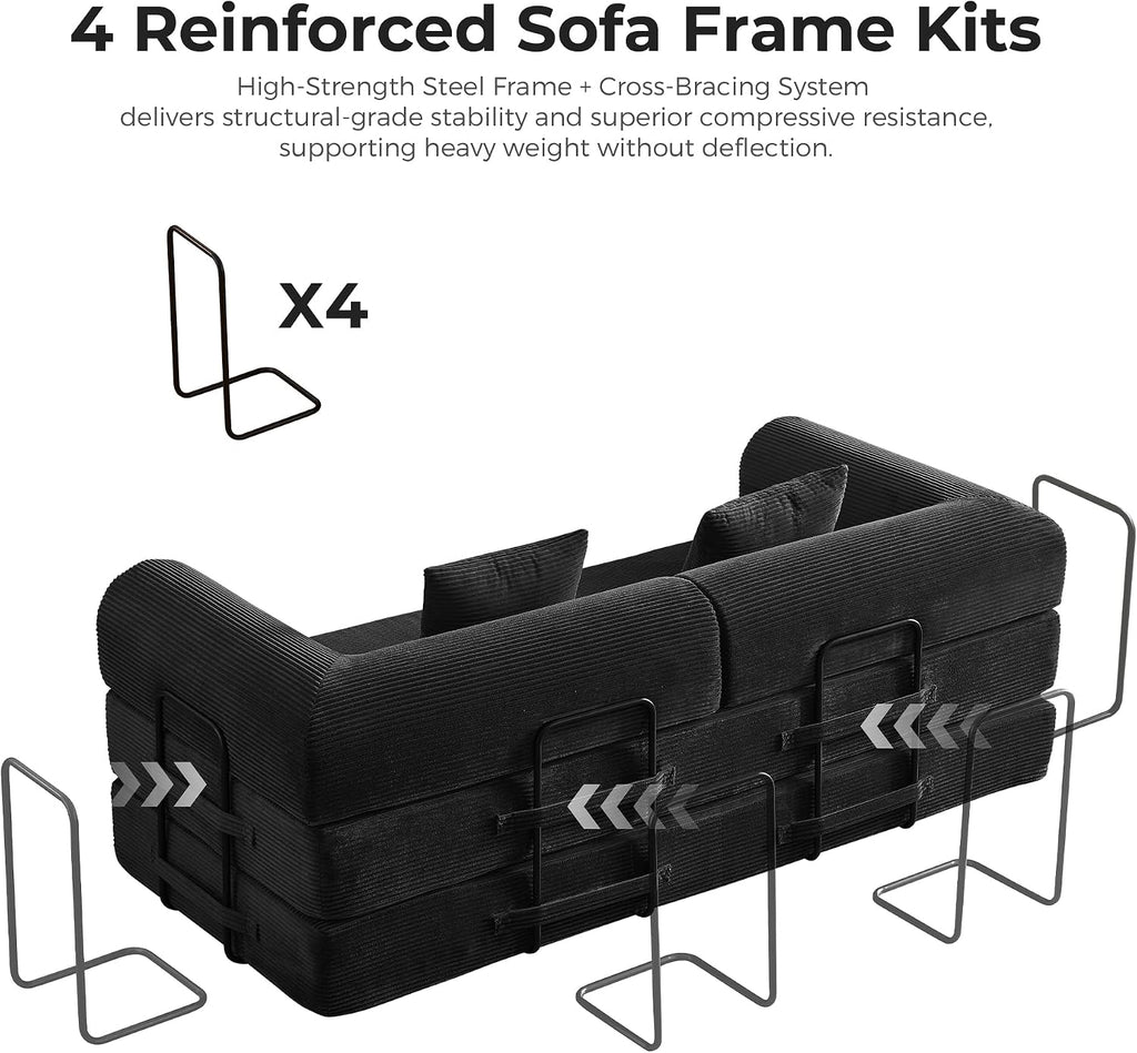 79" Convertible Sofa Bed, Boneless Couches for Living Room | Corduroy Futon Sofa Bed with Pocket Springs, Modular Sleeper Couch in a Box, No Assembly, Black