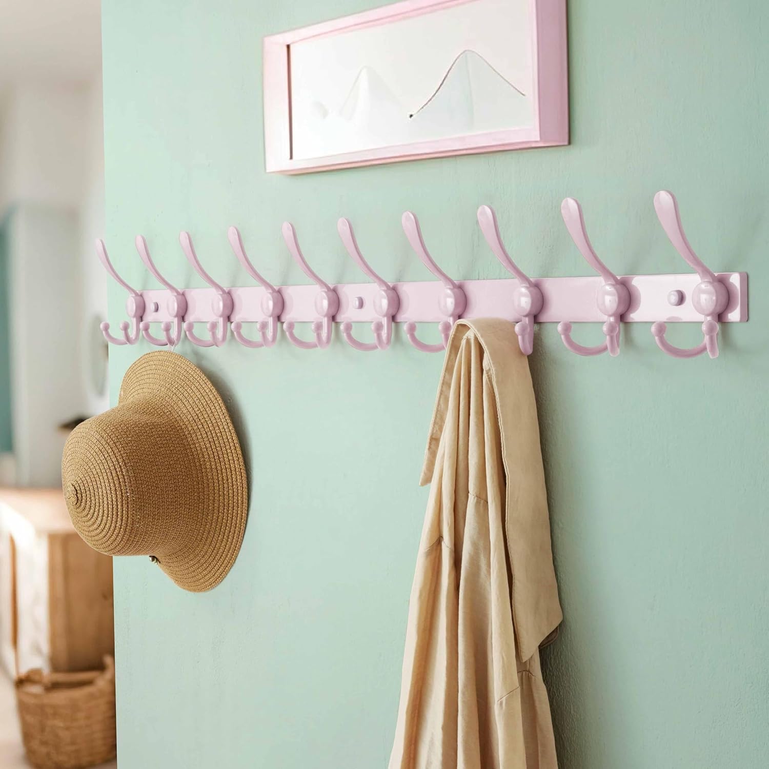 Dseap MaxStrong 2.0 Coat Rack Wall - 37” Long 10 Tri Hooks - Ultra Heavy-Duty Stainless Steel Wall Mount Coat Hanger, Hook Rail for Clothes Hats Jacket Towels Pink, Pack of 2