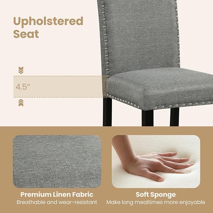 Giantex Dining Chairs Set of 2, Fabric Upholstered Parsons Kitchen Chair w/Nailhead Trim,Solid Rubber & Bent Wood Legs, Thick Padded Seat, Armless Side Chairs for Living Dining Room Restaurant, Grey