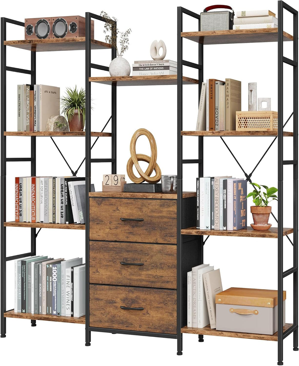 AFLUI Triple Bookshelf with 3 Fabric Drawers, 4-Tier Book Shelf and 10 Displa...