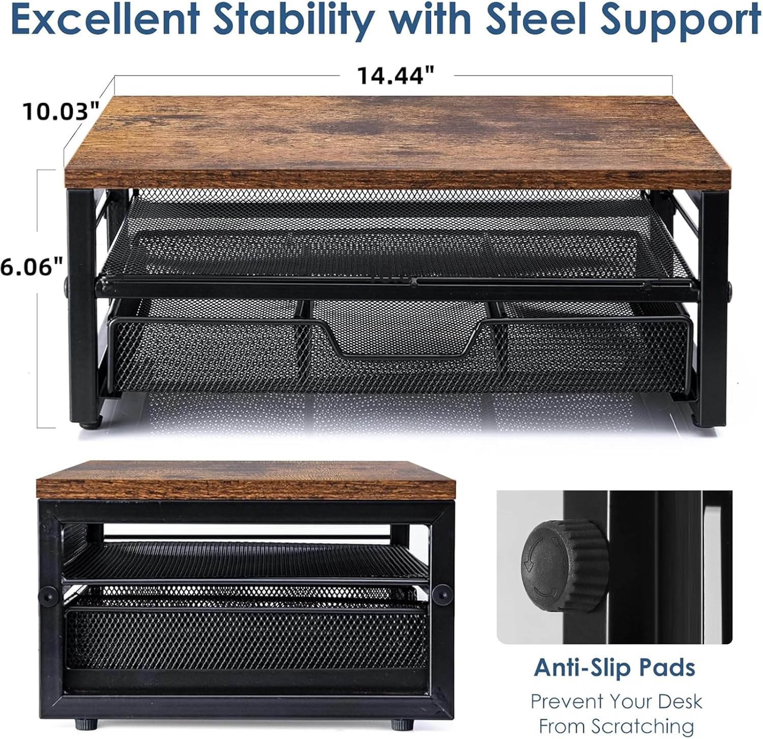 ARCOBIS Monitor Riser with Drawers and Pen Holders, Wood & Mesh Metal Computer Monitor Stand with Storage for Desk, Rustic Brown