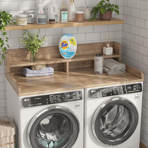 2-Tier Washer Dryer Countertop with 2.75" H Edge Rails, 54" W x 27.55" D Laundry Countertop for Folding Clothes, Washer and Dryer Topper with Non-Slip Pad (White Oak)