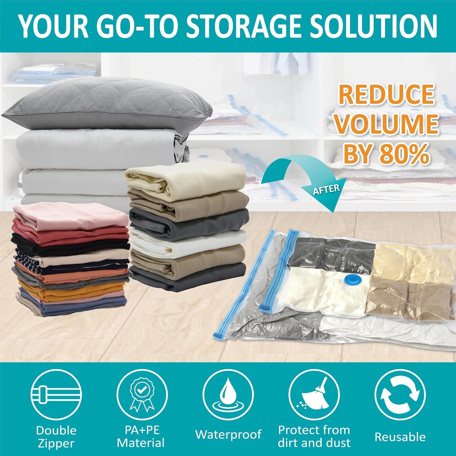 35 Pack Space Saver Bags (5 Jumbo/6 Large/6 Medium/6 Small/6 Roll-M/6 Roll-S) Compression Storage Bags for Comforters and Blankets, Vacuum Sealer Bags for Clothes Storage, Hand Pump Included