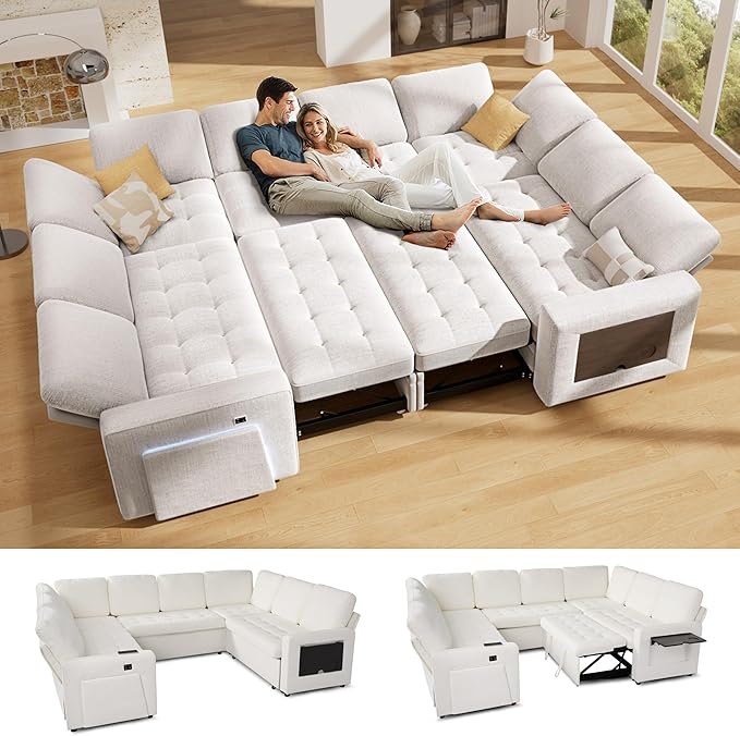 Vipbear 8 Seat U Shaped Modular Sectional Sleeper Sofa with Pull Out Bed/Reclining Backrest/USB Ports/Table/LED Light/Storage Seat, Sectional Sleeper Couch, Tool-Free Assembly, Chenille Beige