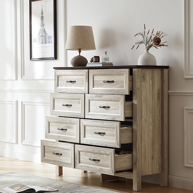 LINSY HOME Dresser for Bedroom with 8 Drawers, Updated Wide Chest of Drawers, Modern Farmhouse Bedroom Tall Dresser with Storage Organizer, Wooden Dressers for Living Room, Beige