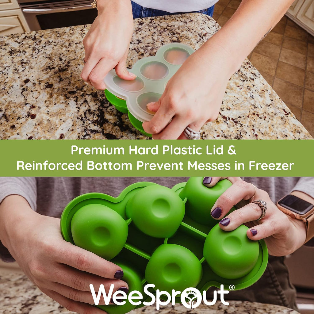 WeeSprout Silicone Baby Food Freezer Tray with Clip-on Lid - Perfect Storage Container for Homemade Baby Food, Vegetable & Fruit Purees, and Breast Milk (Matte Green, Six 3 Ounce Sections)