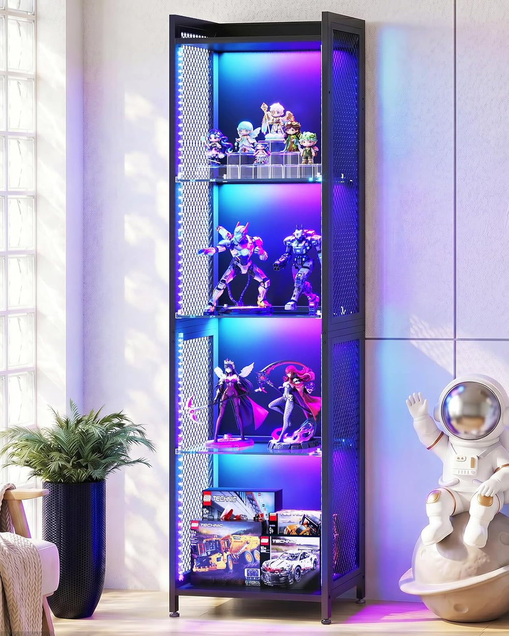 AODK Display Case with LED Lights, Display Cabinet with Open Glass Shelves fo...