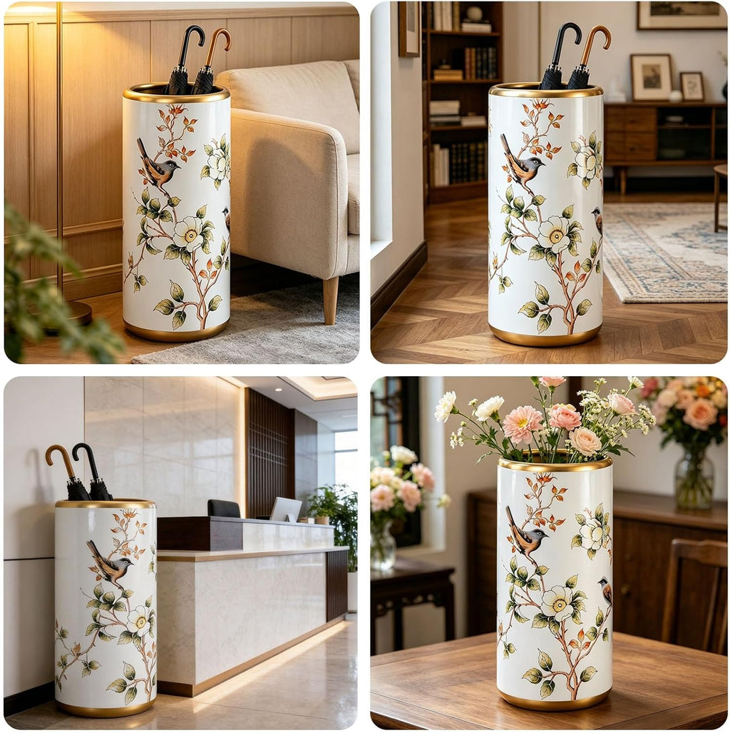 White, Ceramic Umbrella Stand, Household Entryway Umbrella Holder, Hand-Painted Patterns, Wide Mouth, Floor-Standing Ornamental Vase, Freestanding Walking Stick