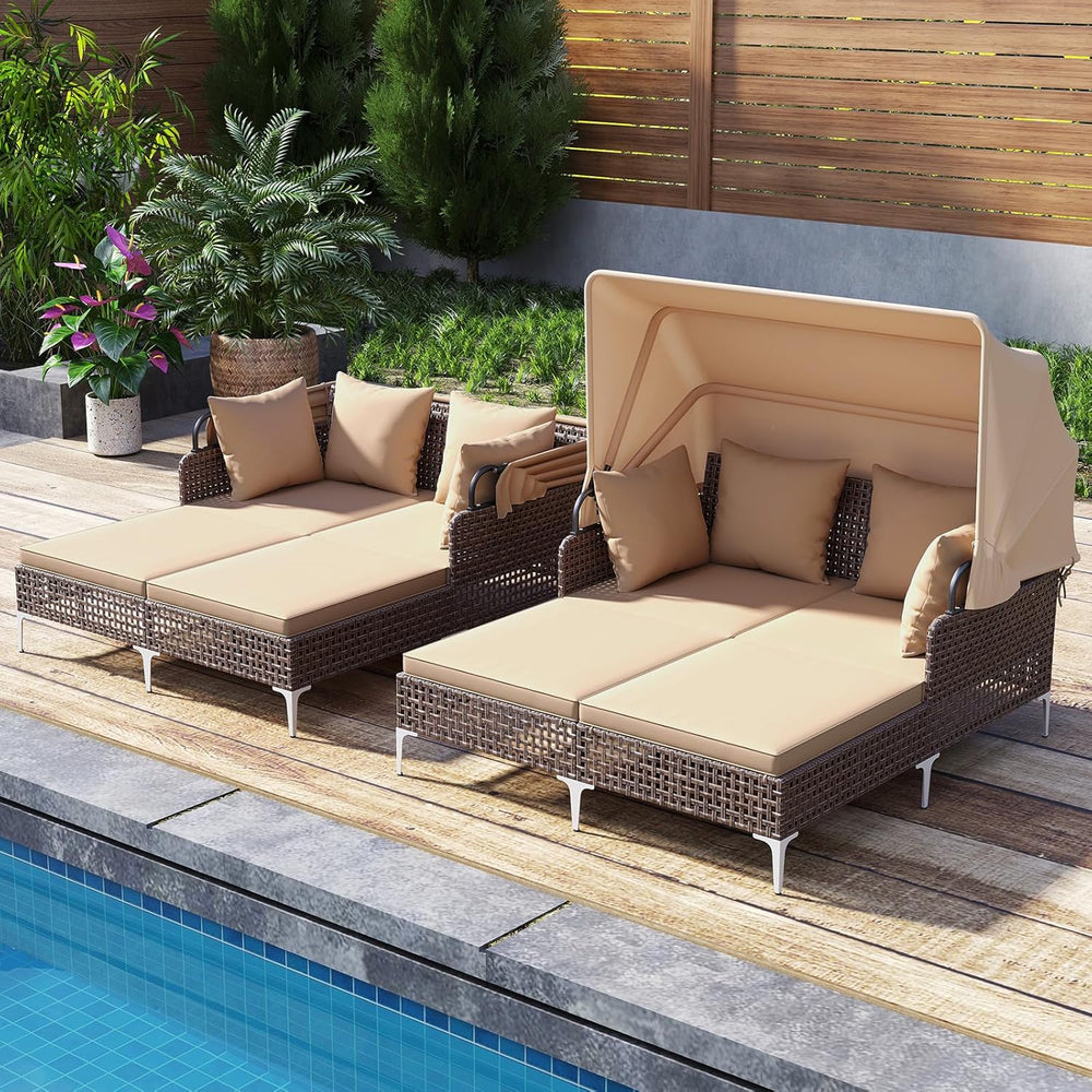 Tangkula Outdoor Rattan Daybed with Retractable Canopy, Boho Patio Wicker Sun...
