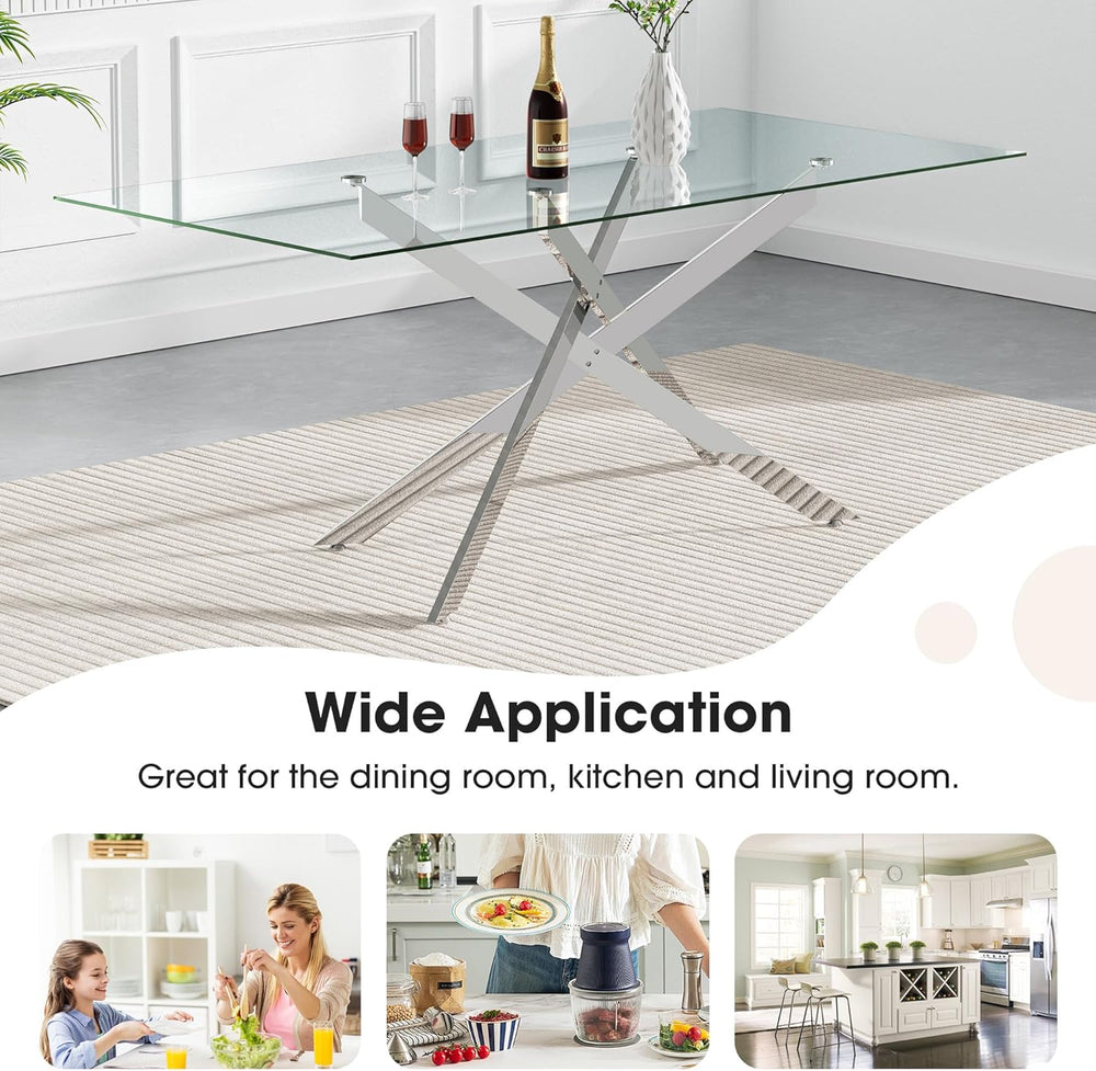 Modern Glass Dining Table Set for 6, 60" Glass Kitchen Table and Chairs ...