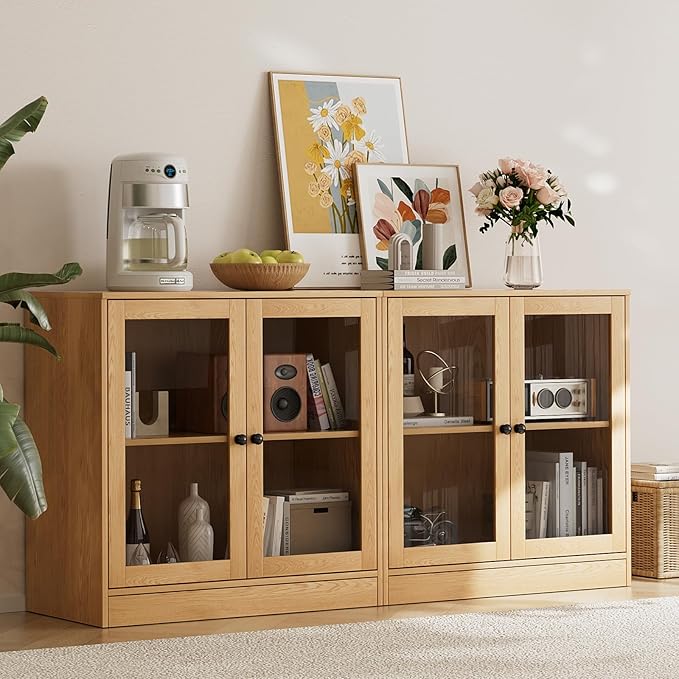 TUSY 71" TV Stand Storage Set - 2 Tall Bookcases & 2 Side Cabinets, Media Console with Glass & Wood Doors, Entertainment Center with Drawers, Tall Media Console for Living Room (Wood, ADDA)