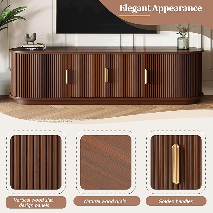 Farmhouse Wooden TV Stand with Sliding Tambour Door for TVs up to 75", Fluted Media Console with Adjustable Storage, Golden Handle TV Cabinet with Cable Holes for Living Room, Walnut