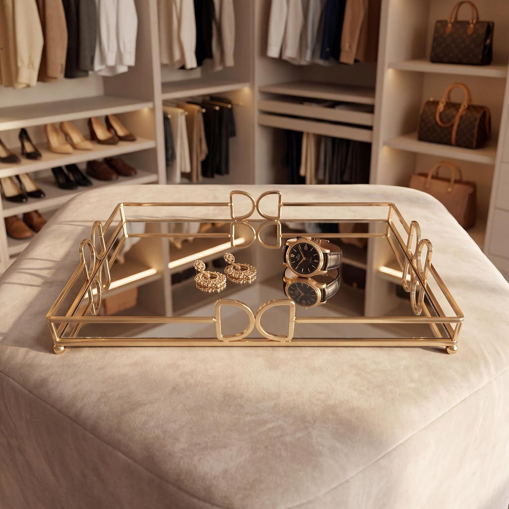 13X 10 Inch Glass and Gold Rectangle Tray ，Dinner Plate Perfume and Vanity Tray - Decorative Mirrored Vanity Tray with Gold Metal Cutout Design, Jewelry Organizer (13 Inch DD Tray)