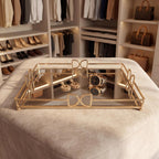 13X 10 Inch Glass and Gold Rectangle Tray ，Dinner Plate Perfume and Vanity Tray - Decorative Mirrored Vanity Tray with Gold Metal Cutout Design, Jewelry Organizer (13 Inch DD Tray)