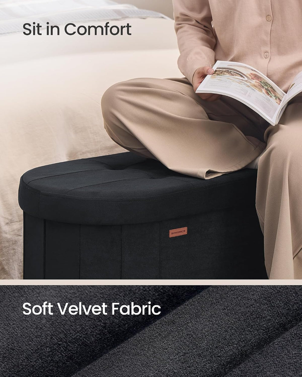 SONGMICS Mazie Collection - Folding Ottoman with Storage, Oval Storage Ottoma...