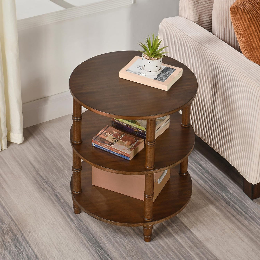 Round End Table with Storage Shelf, 19.7" High Sofa Side Table- with Bam...