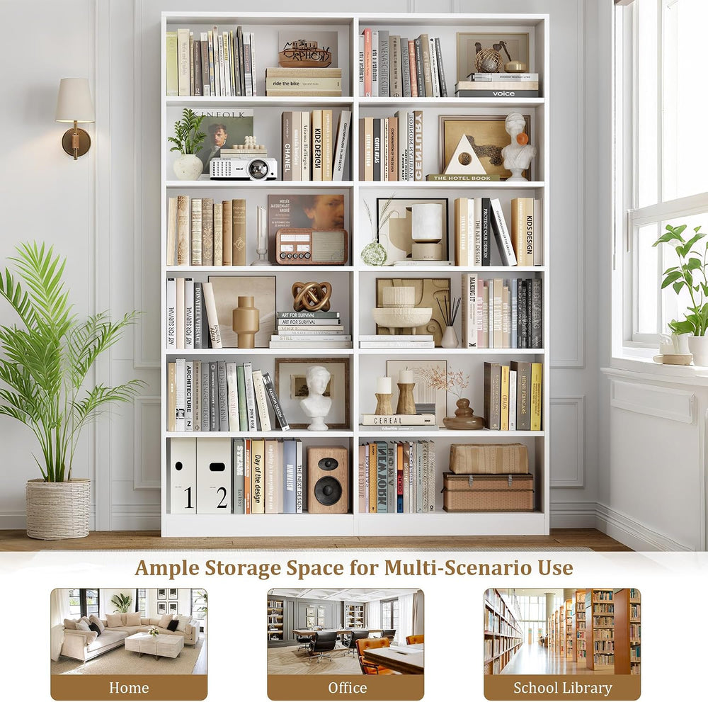 FACBOTALL Bookshelf Tall Bookcase, 6-Tier Double Wide Bookshelves, White