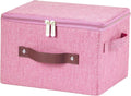 Storage Bins with Zipper Lids Decorative Lidded Baskets Boxes | Clothes Container, Closet Shelf Organizer, Foldable Washable, Cotton Linen Fabric, w/ PU Leather Handles, Pink, Small