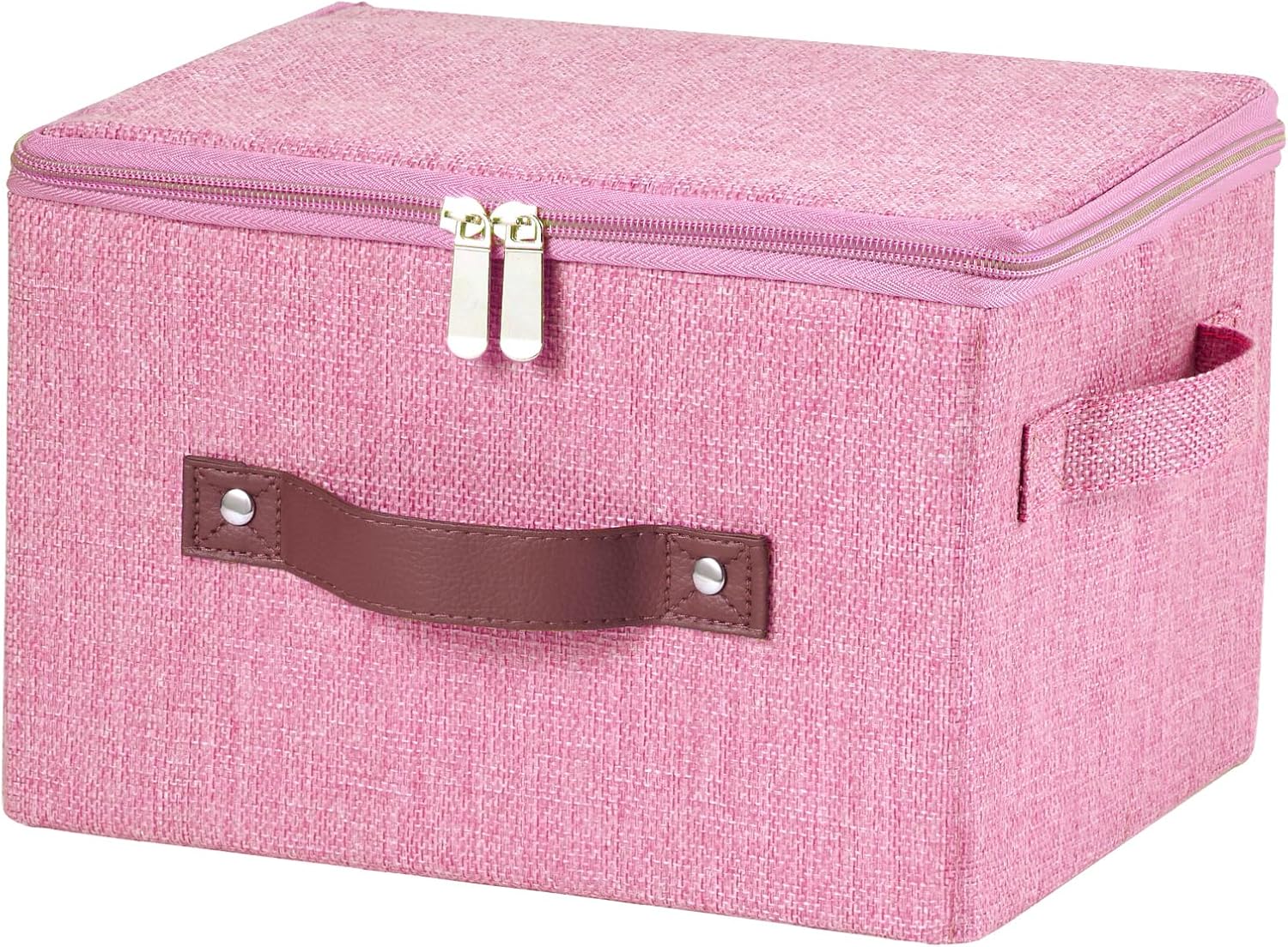 Storage Bins with Zipper Lids Decorative Lidded Baskets Boxes | Clothes Container, Closet Shelf Organizer, Foldable Washable, Cotton Linen Fabric, w/ PU Leather Handles, Pink, Small