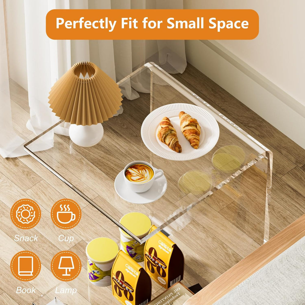 Acrylic Side Table with Wheels, Movable C Shaped Sofa Table with Storage, Rol...