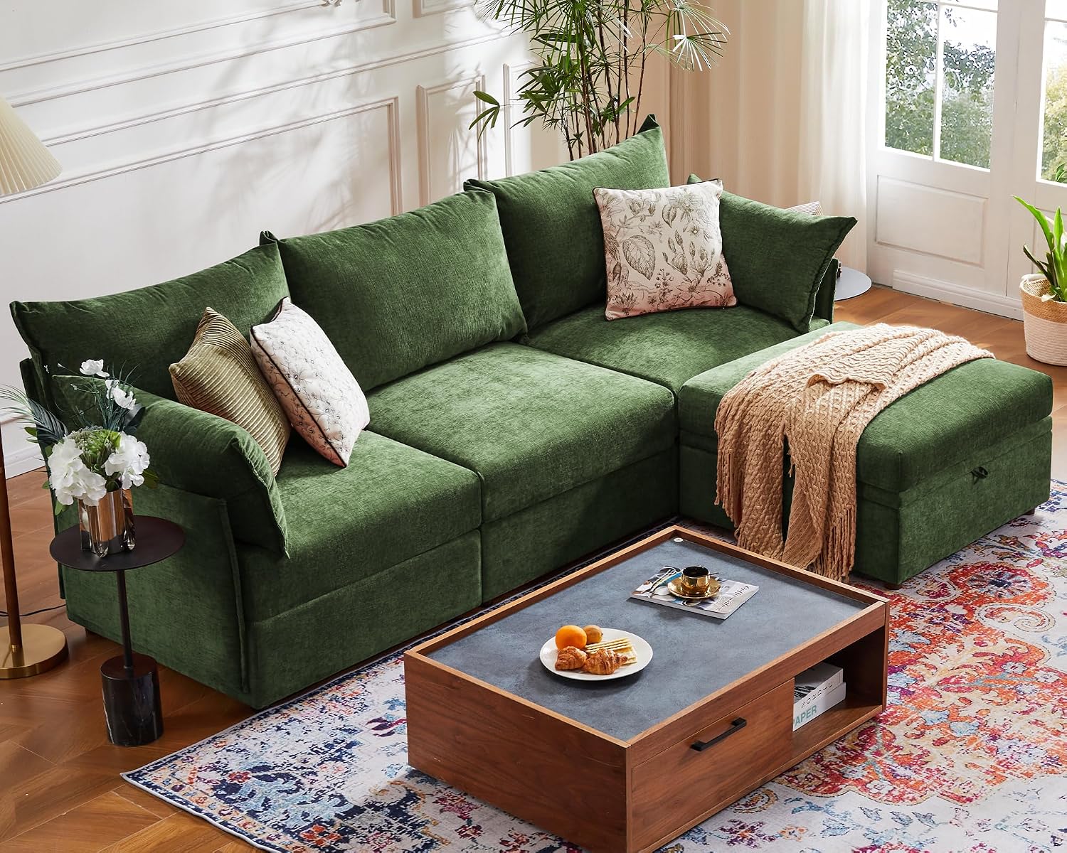 102.6" L Shaped Modular Sectional Sofa with Washable Chenille Cover, 4 Seater Deep Seat Couch with Storage Ottoman & Reversible Chaise for Living Room, Pet-Friendly, Green